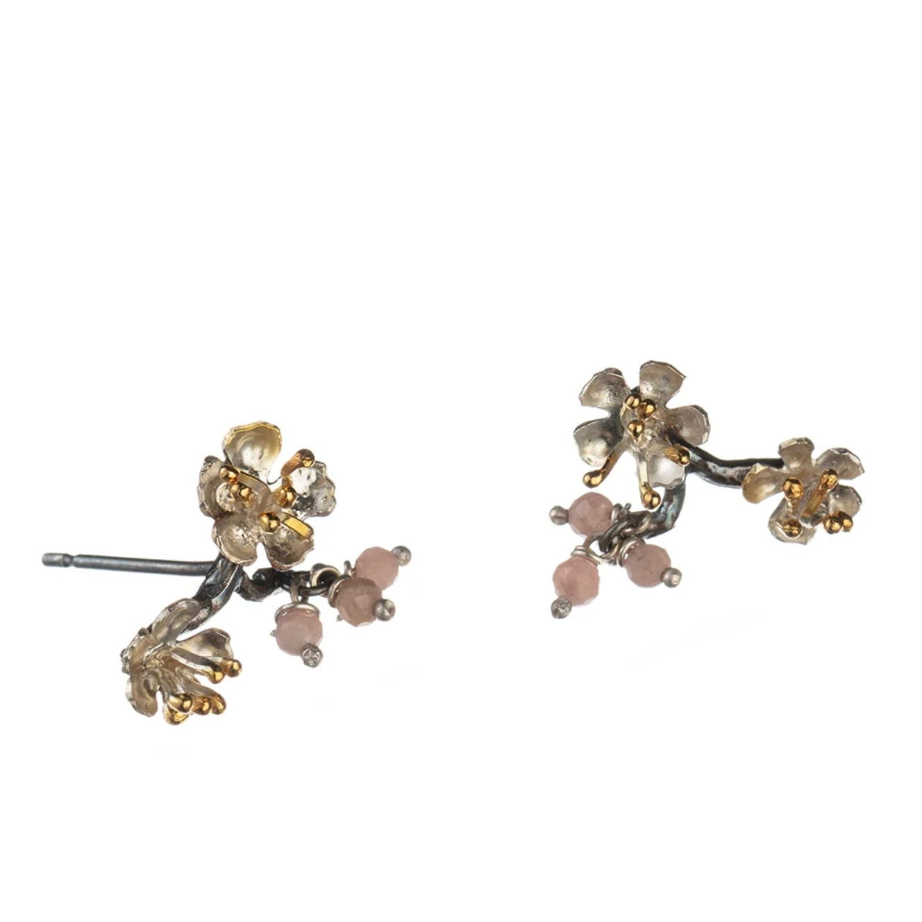 Almond Blossom branch stud earrings in sterling silver with pink gemstone accents