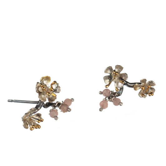 Almond Blossom branch stud earrings in sterling silver with pink gemstone accents