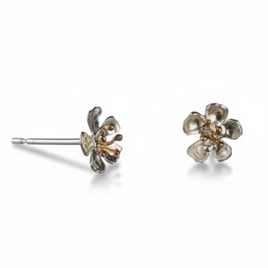 Almond Blossom flower stud earrings in sterling silver with gold-plated stamen details