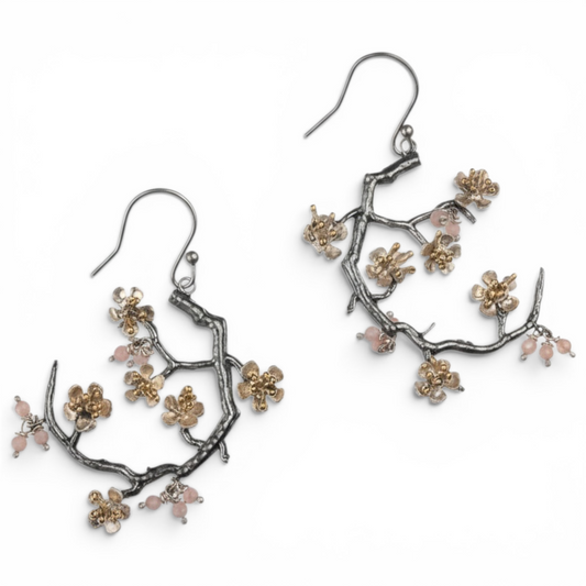 Almond Blossom statement earrings in sterling silver with gold accents and pink gemstone details