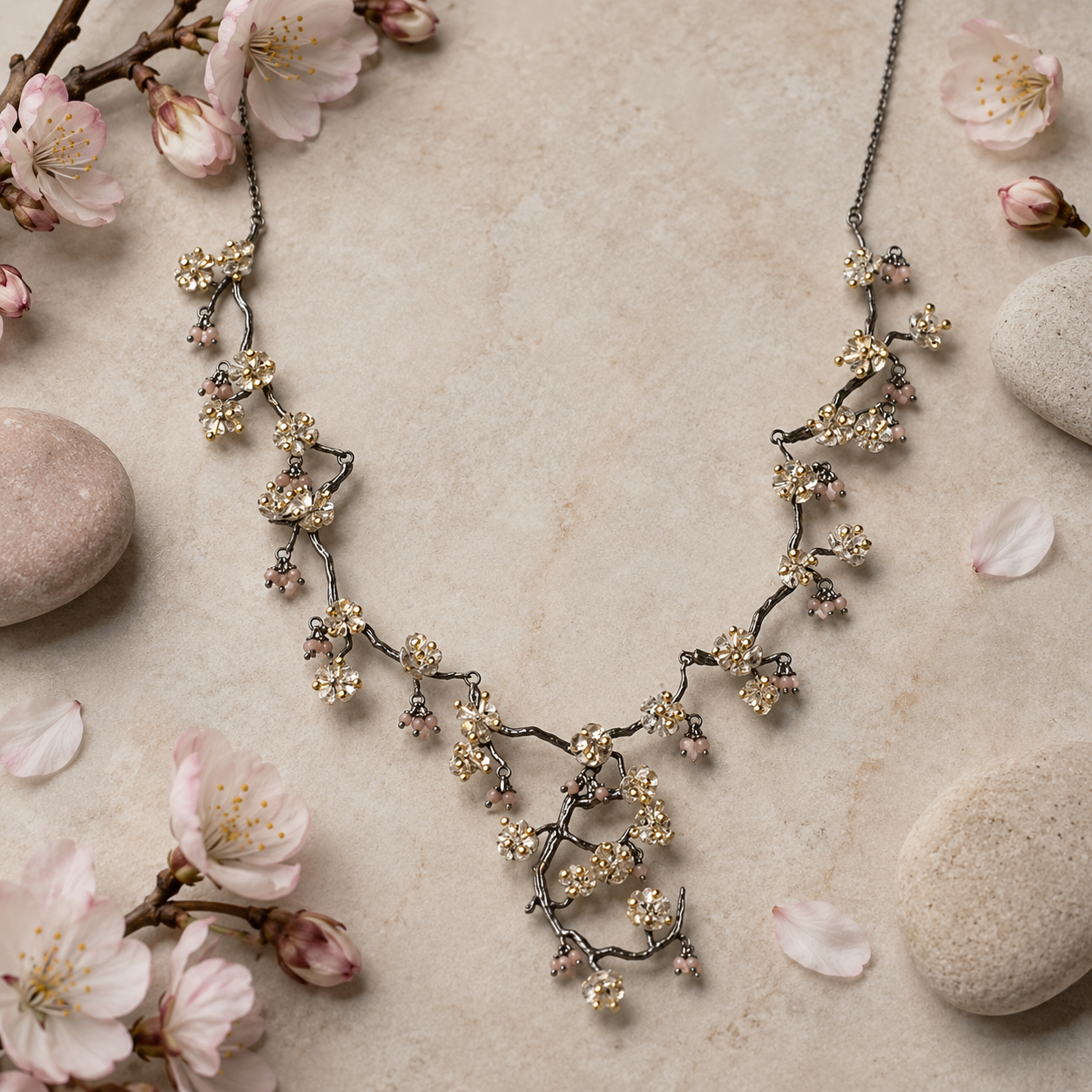 Almond Blossom statement necklace inspired by flowering branches displayed on a botanical flatlay