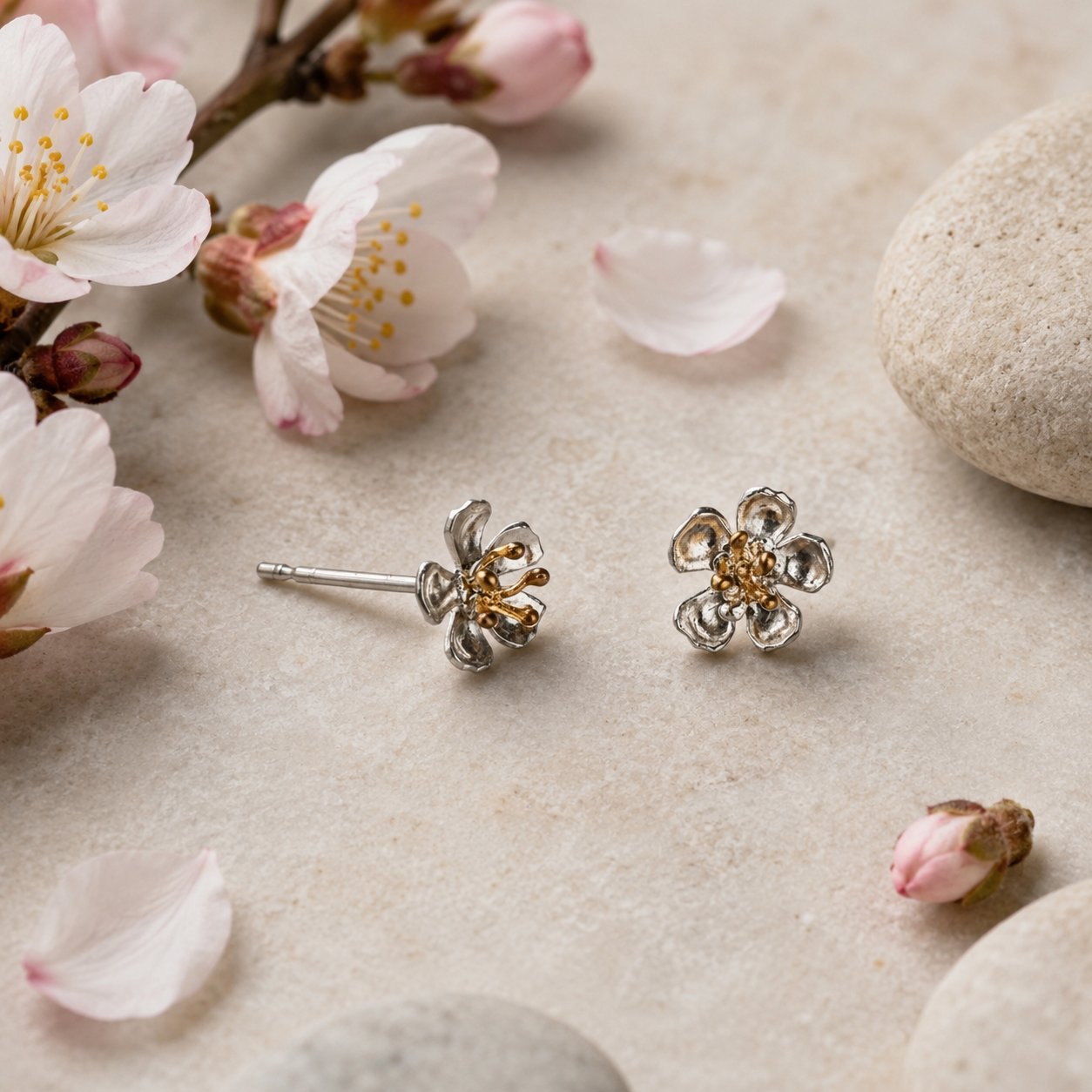 Almond Blossom flower stud earrings displayed with blossom flowers and natural stones