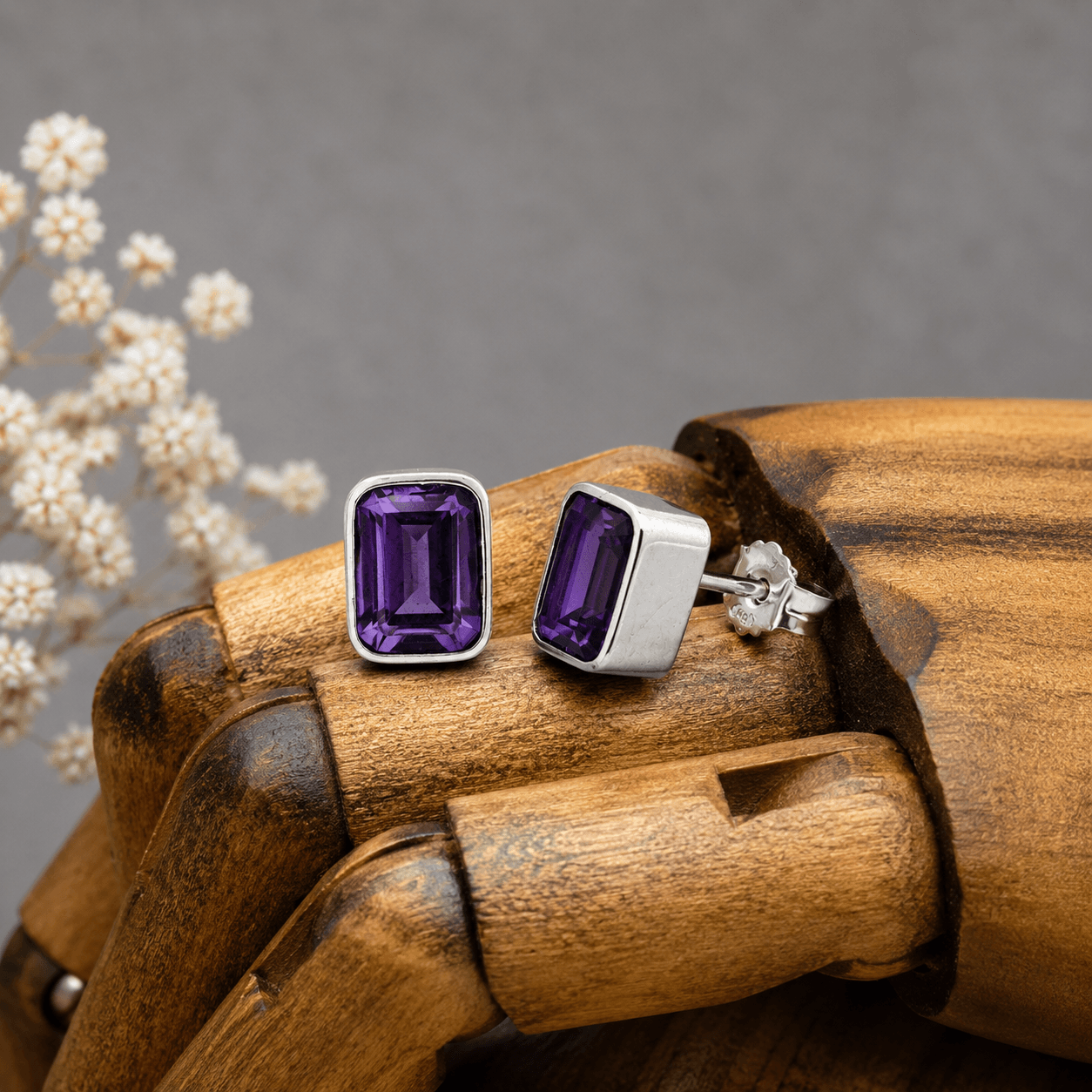 Handmade Sterling Silver Emerald Cut Amethyst Stud Earrings - Twelve Silver Trees
