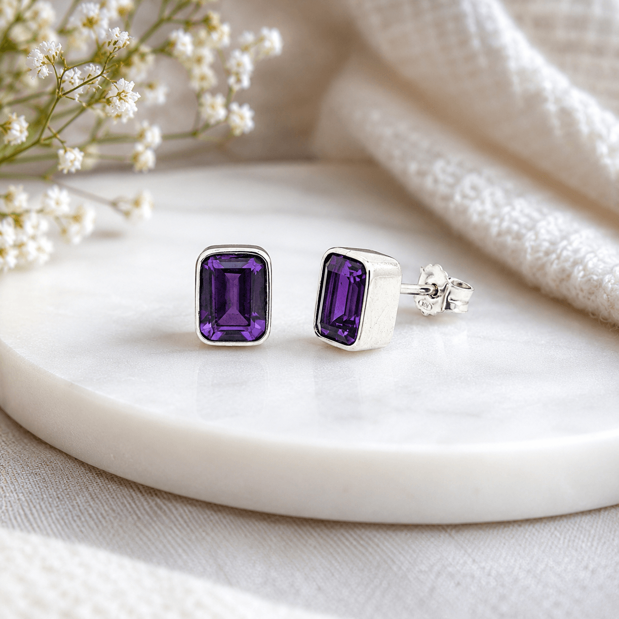 Handmade Sterling Silver Emerald Cut Amethyst Stud Earrings - Twelve Silver Trees