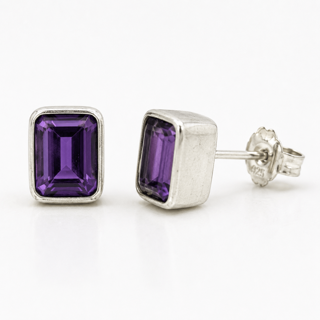 Handmade Sterling Silver Emerald Cut Amethyst Stud Earrings - Twelve Silver Trees