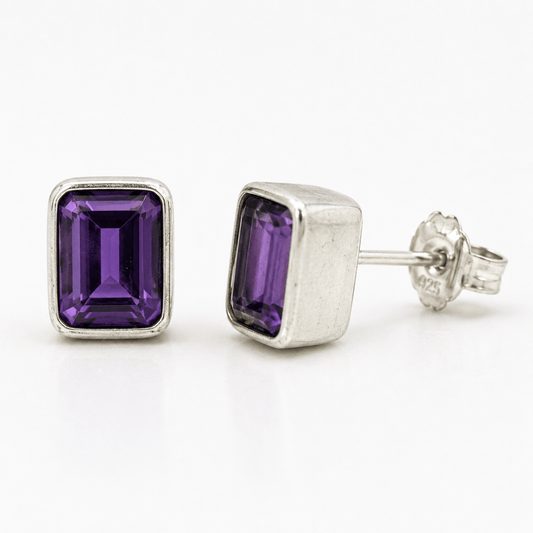 Handmade Sterling Silver Emerald Cut Amethyst Stud Earrings - Twelve Silver Trees