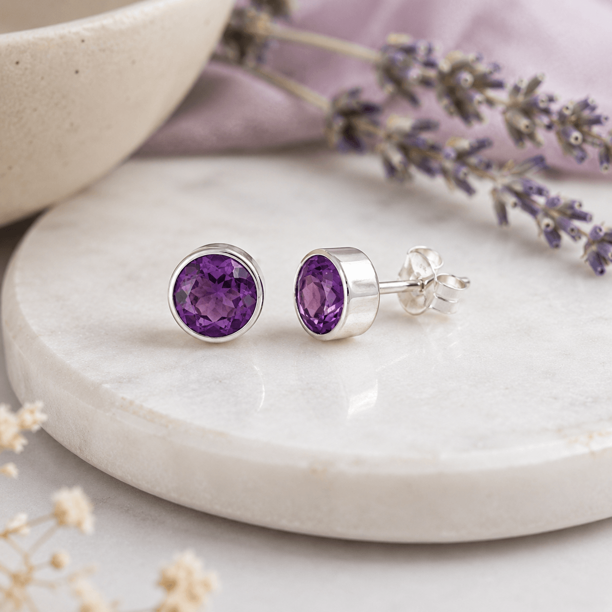 Natural Amethyst Sterling Silver Stud Earrings – 6mm - Twelve Silver Trees