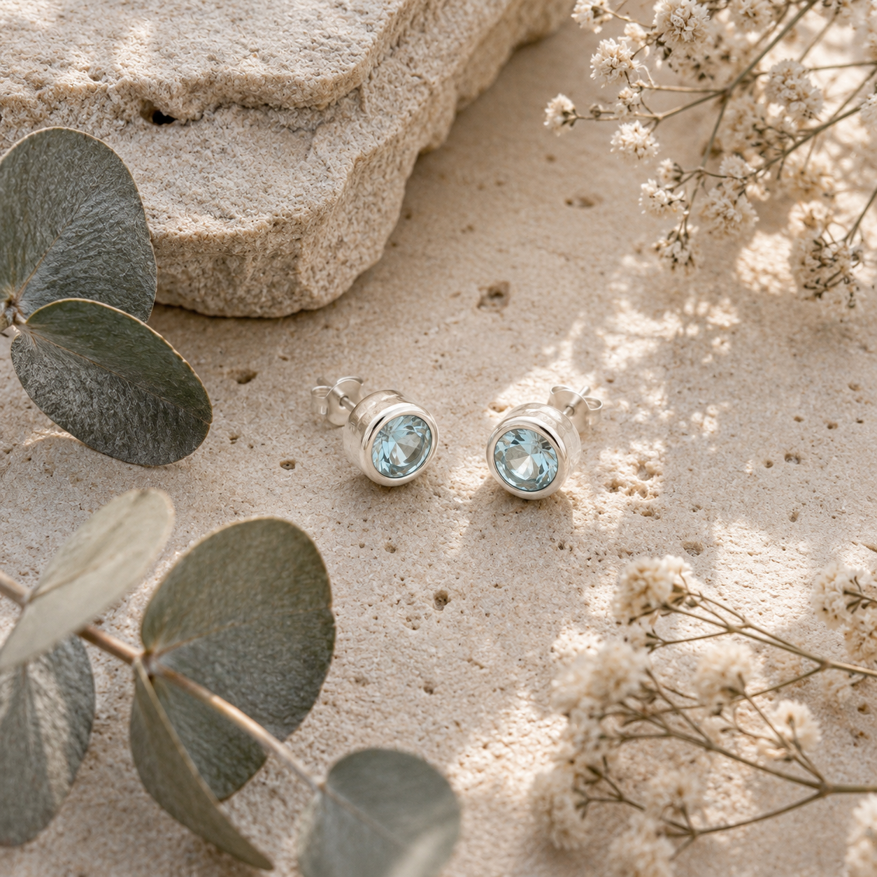 Sunlit Earth Aqua Blue Topaz Stud Earrings in Sterling Silver - Twelve Silver Trees