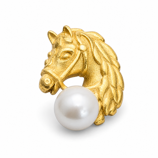     Art Deco inspired miniature horse head brooch in sterling silver with 18ct gold finish and pearl accent on white background