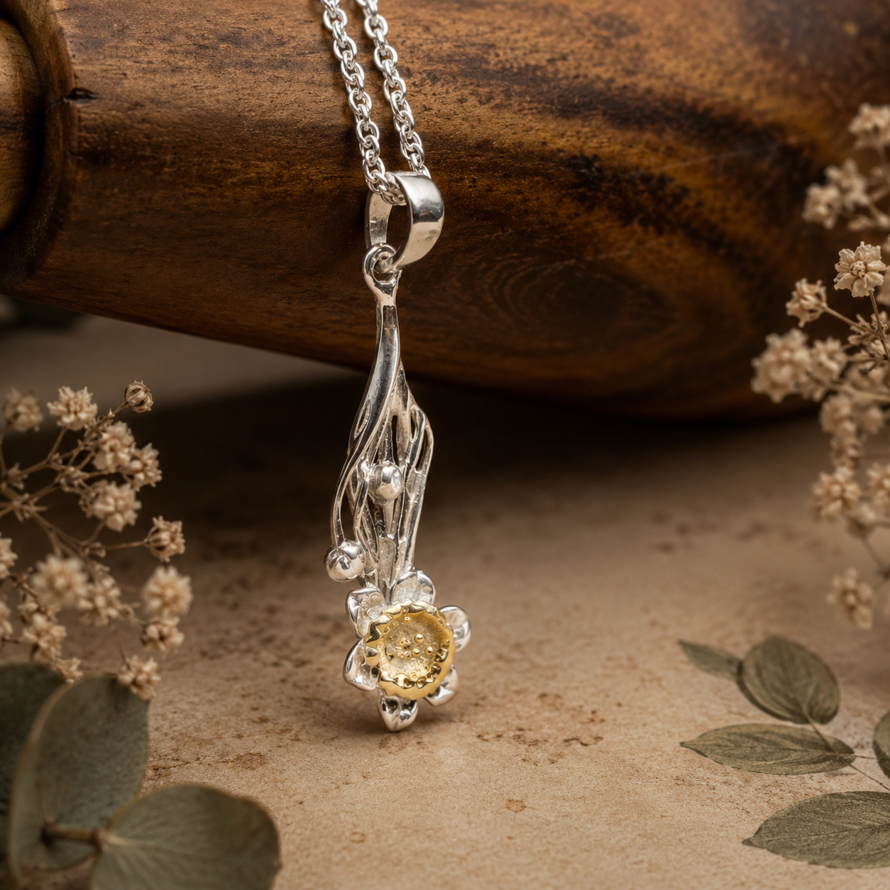 Sterling Silver Daffodil Flower Pendant Necklace with 18ct Gold - Twelve Silver Trees