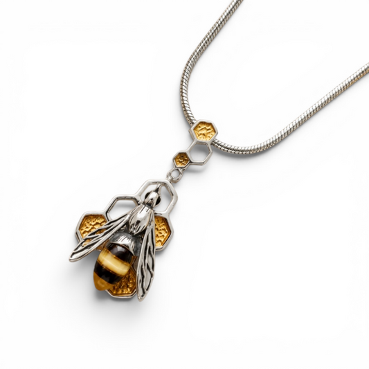 Baltic Amber Bee & Honeycomb Pendant - Twelve Silver Trees