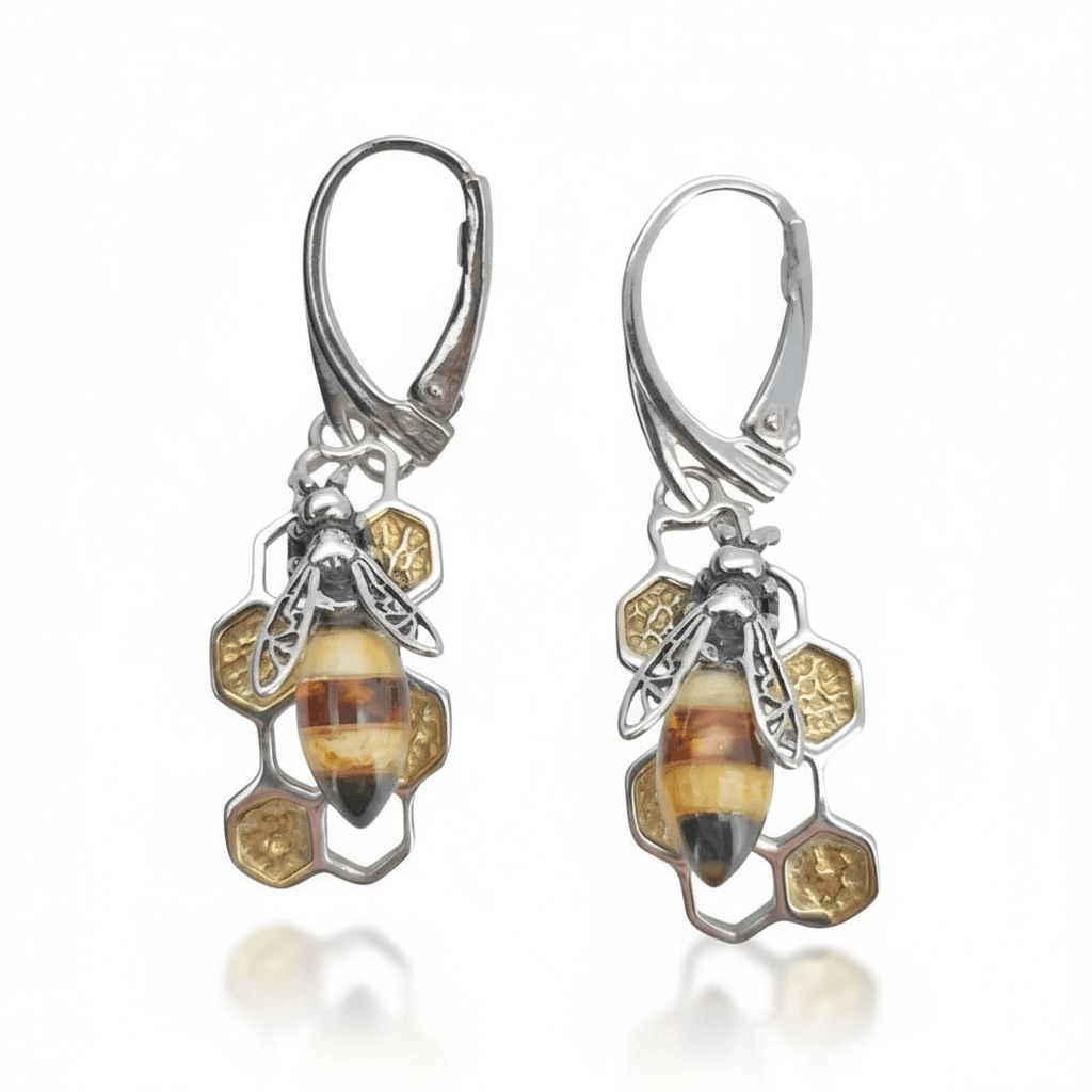 Baltic amber bee and honeycomb sterling silver drop earrings with gold accents