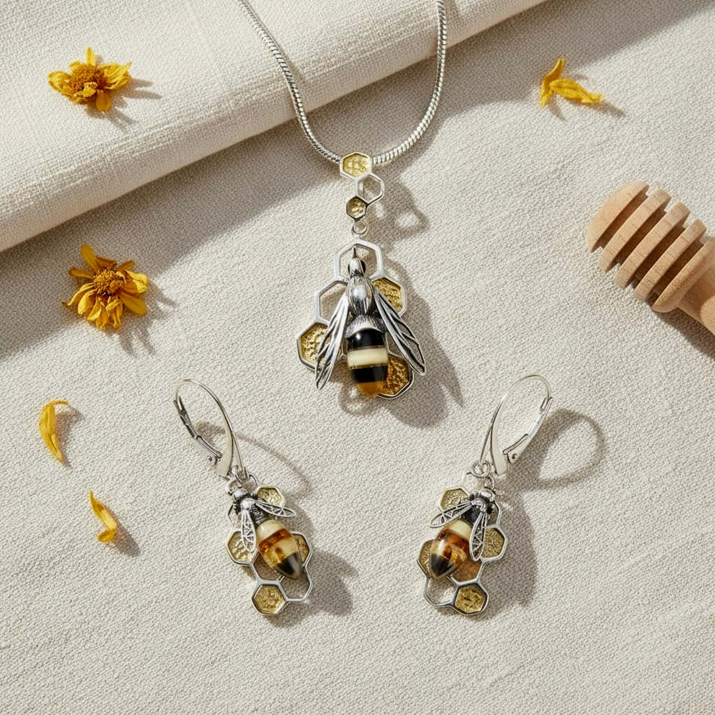    Baltic amber bee pendant and earrings styled with yellow flowers and warm natural textures