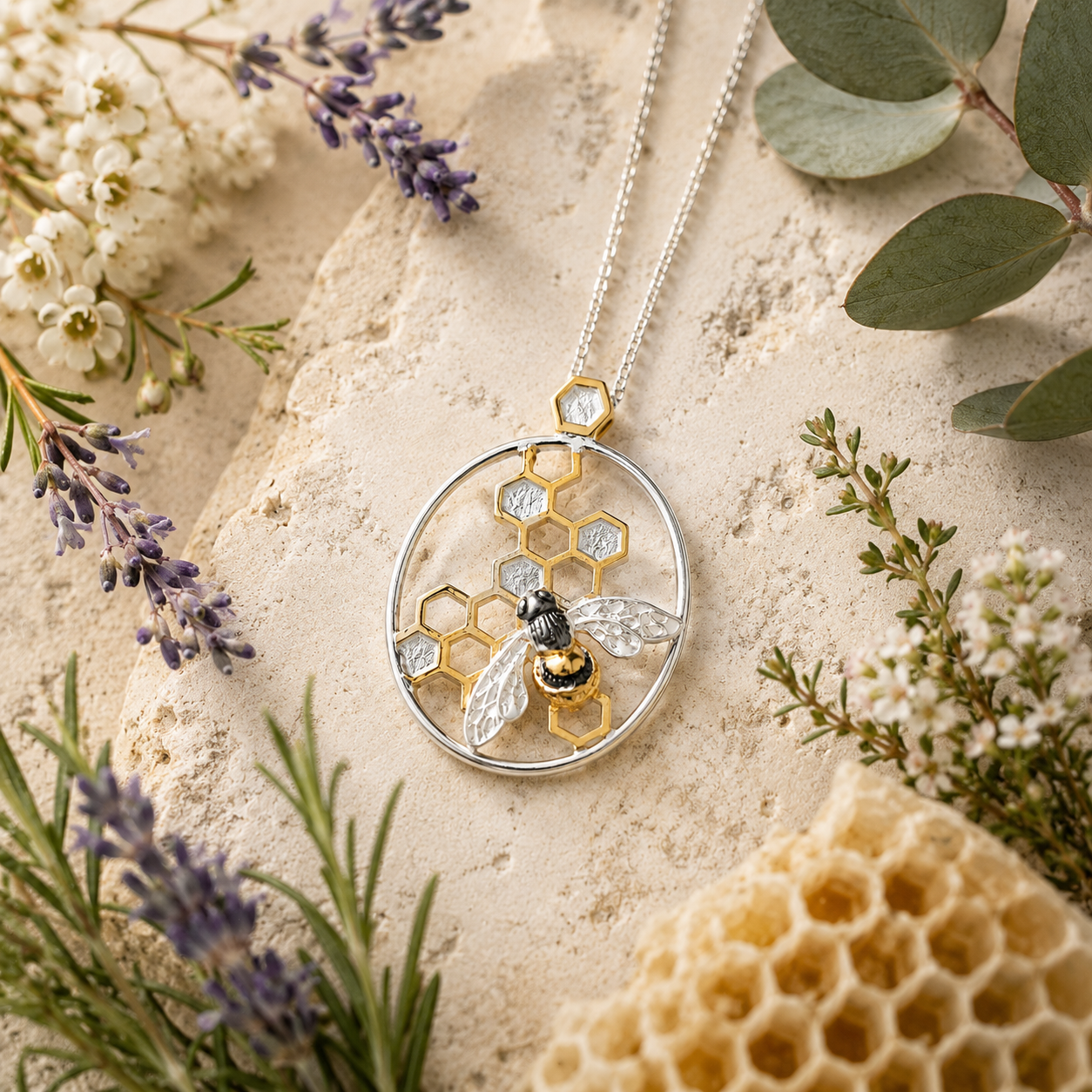 Sterling silver bee and honeycomb pendant styled on natural stone with lavender, heather, eucalyptus and honeycomb in a botanical flat lay.