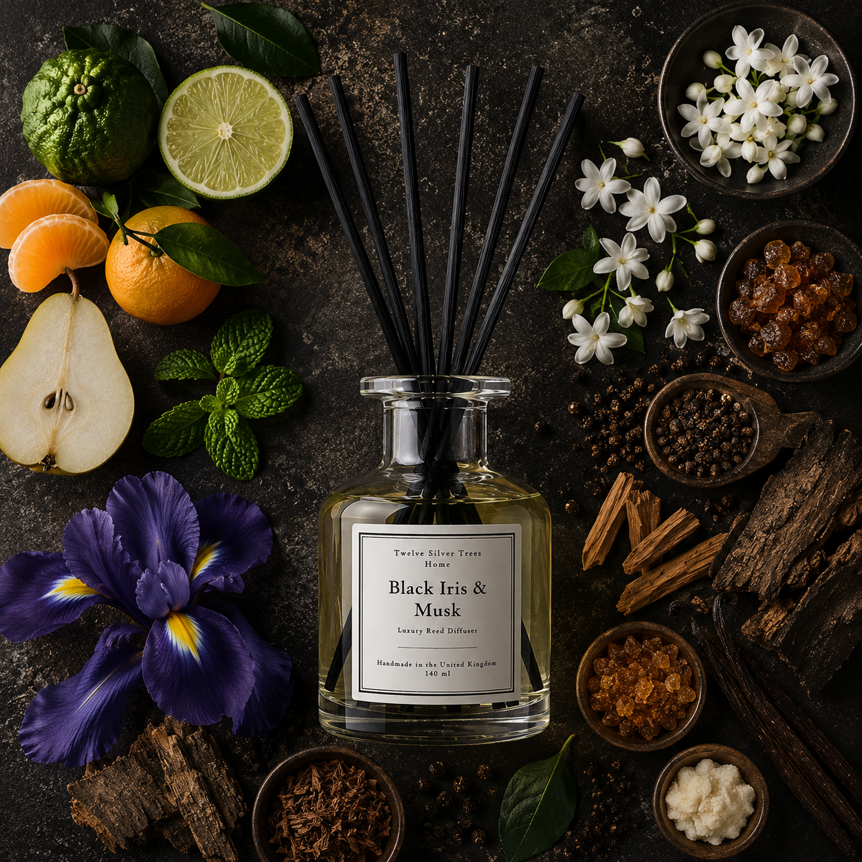 Handmade Black Iris & Musk Luxury Reed Diffuser - Twelve Silver Trees
