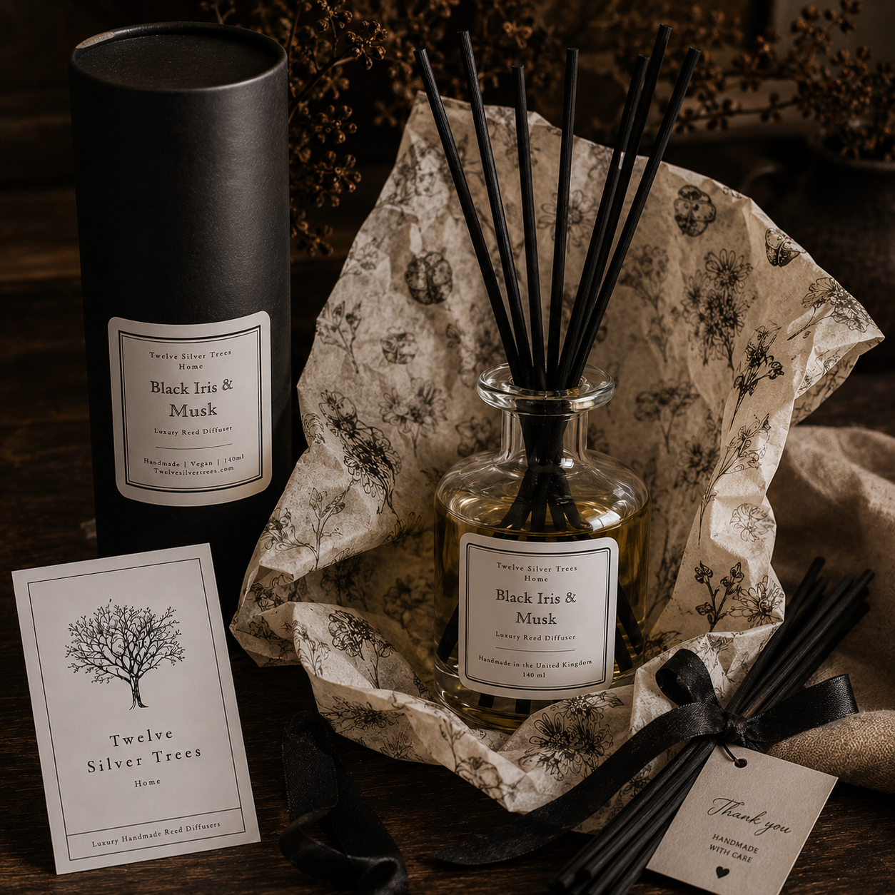 Handmade Tuscan Leather Luxury Reed Diffuser - Twelve Silver Trees