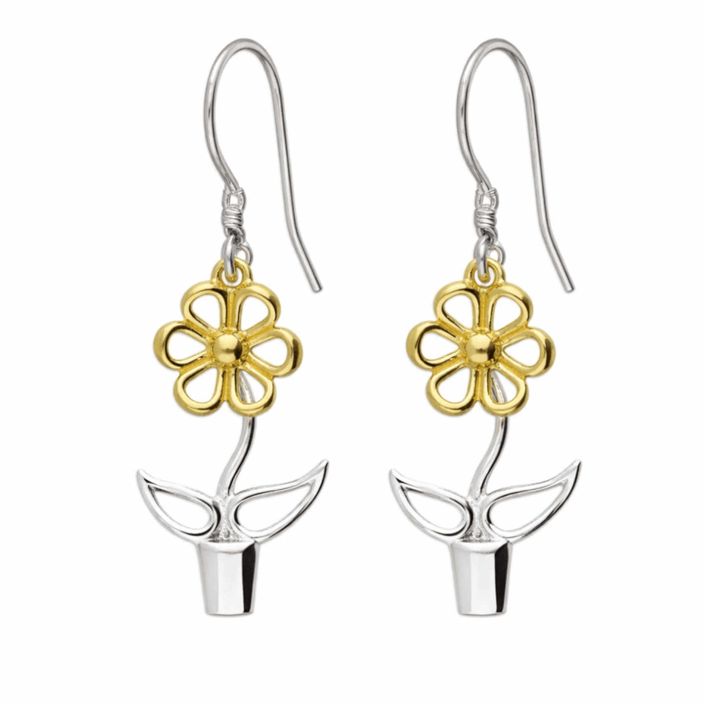 Blooming Joy flower pot drop earrings in sterling silver with 18ct gold-plated flower details on a white background