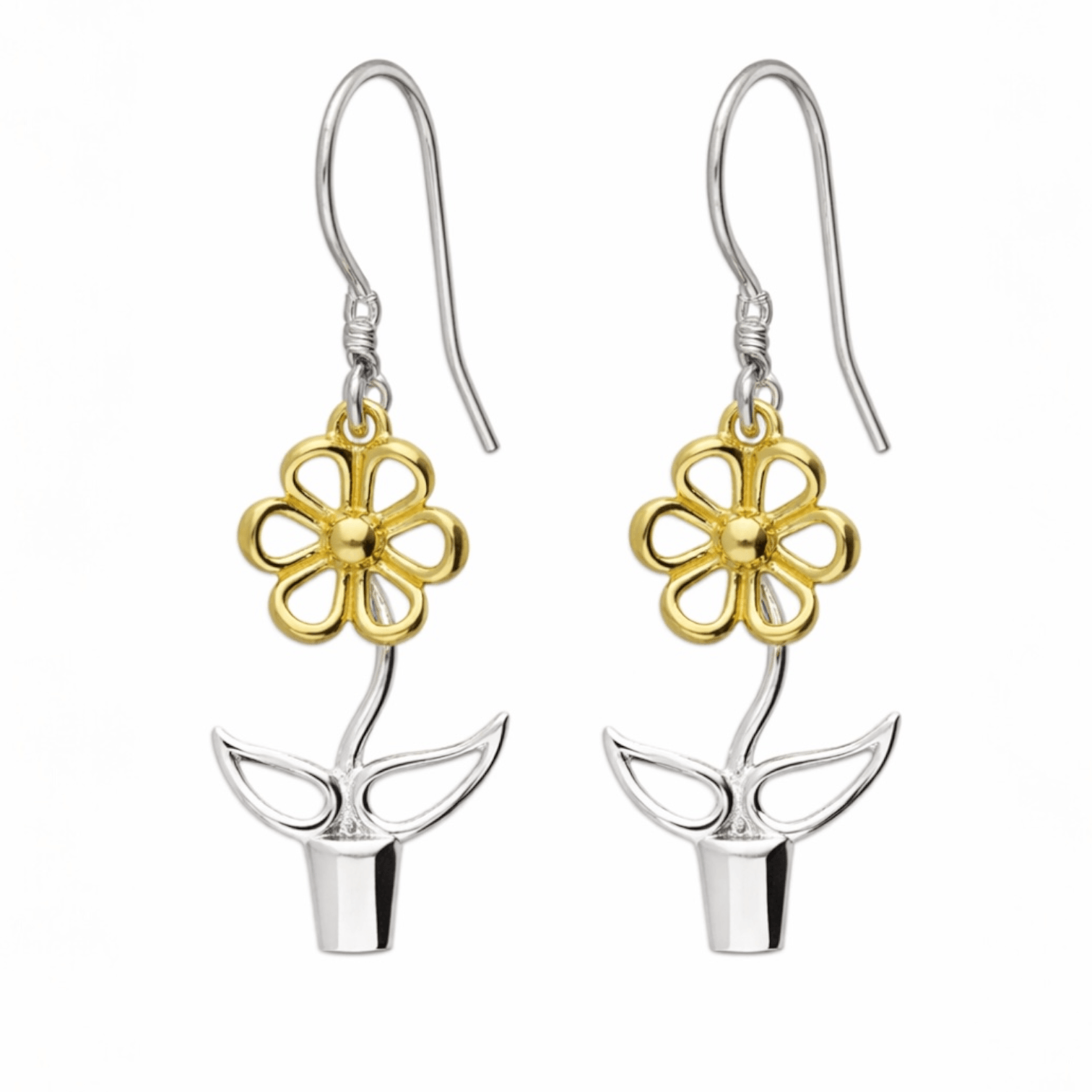 Blooming Joy flower pot drop earrings in sterling silver with 18ct gold-plated flower details on a white background