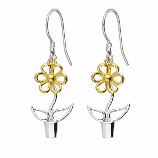 Blooming Joy flower pot drop earrings in sterling silver with 18ct gold-plated flower details on a white background
