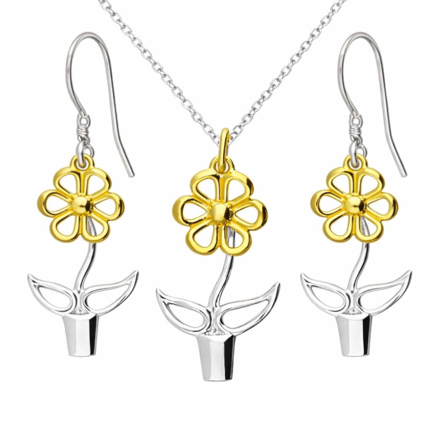 Blooming Joy flower pot pendant necklace and matching drop earrings in sterling silver with 18ct gold-plated flower details on a white background