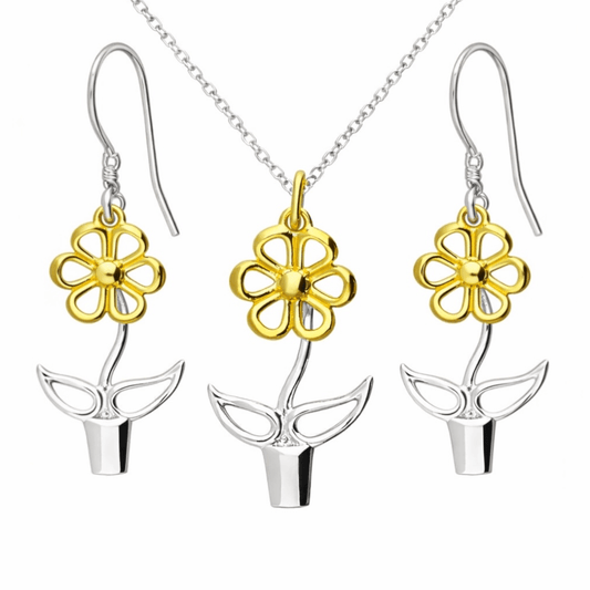 Blooming Joy flower pot pendant necklace and matching drop earrings in sterling silver with 18ct gold-plated flower details on a white background