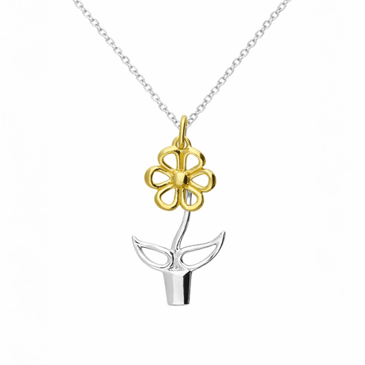 Blooming Joy flower pot pendant necklace in sterling silver with 18ct gold-plated flower detail on a clean white background