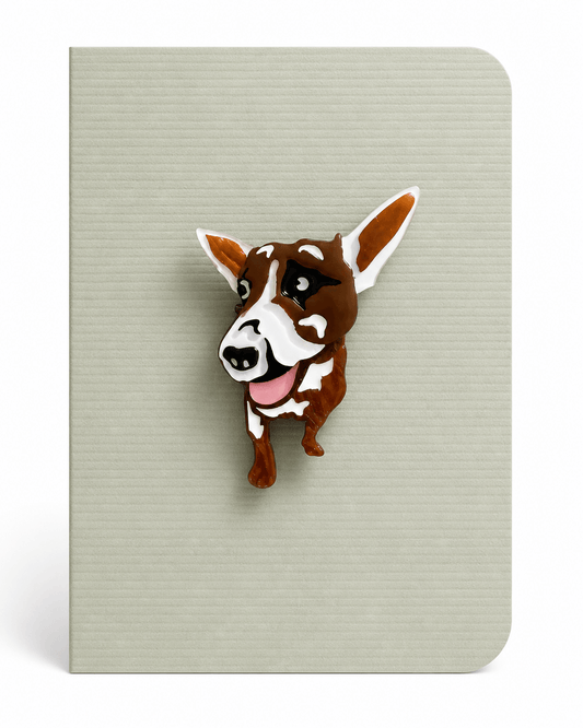 Handmade dog keepsake card featuring a black and white Boston Terrier brooch mounted on a white textured greeting card.