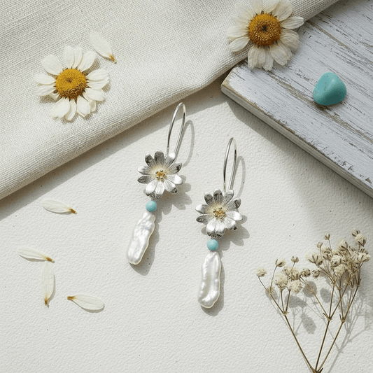 Sterling Silver Daisy & Baroque Pearl Dangle Earrings - Twelve Silver Trees