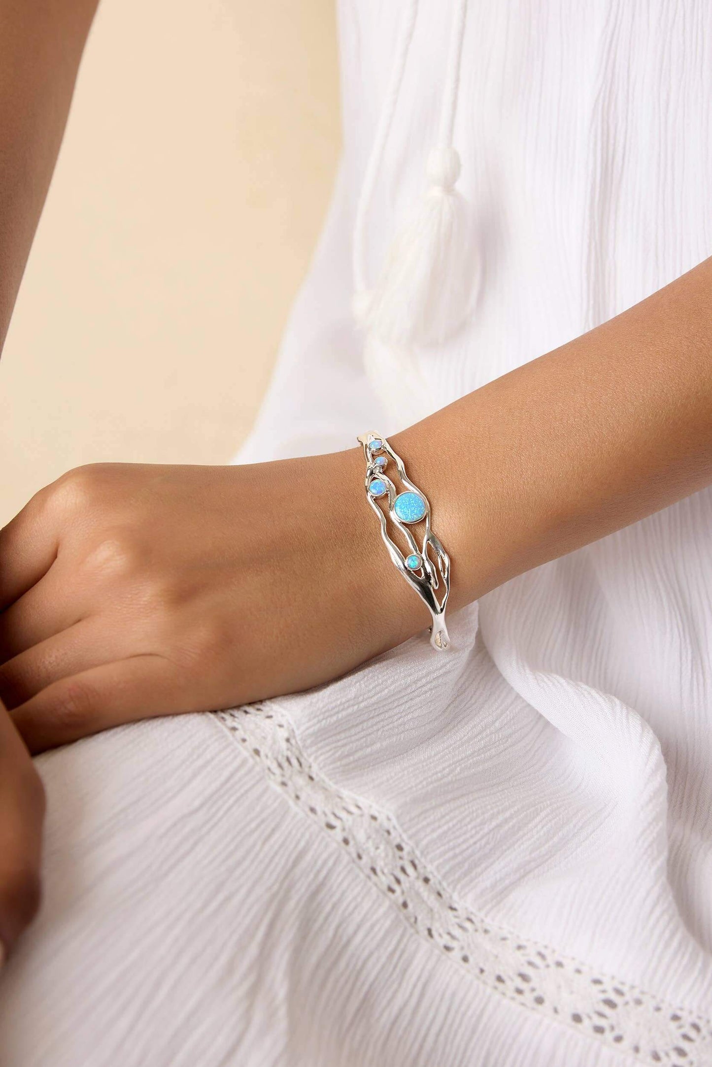 Blue and White Opal Organic Bracelet - Twelve Silver Trees