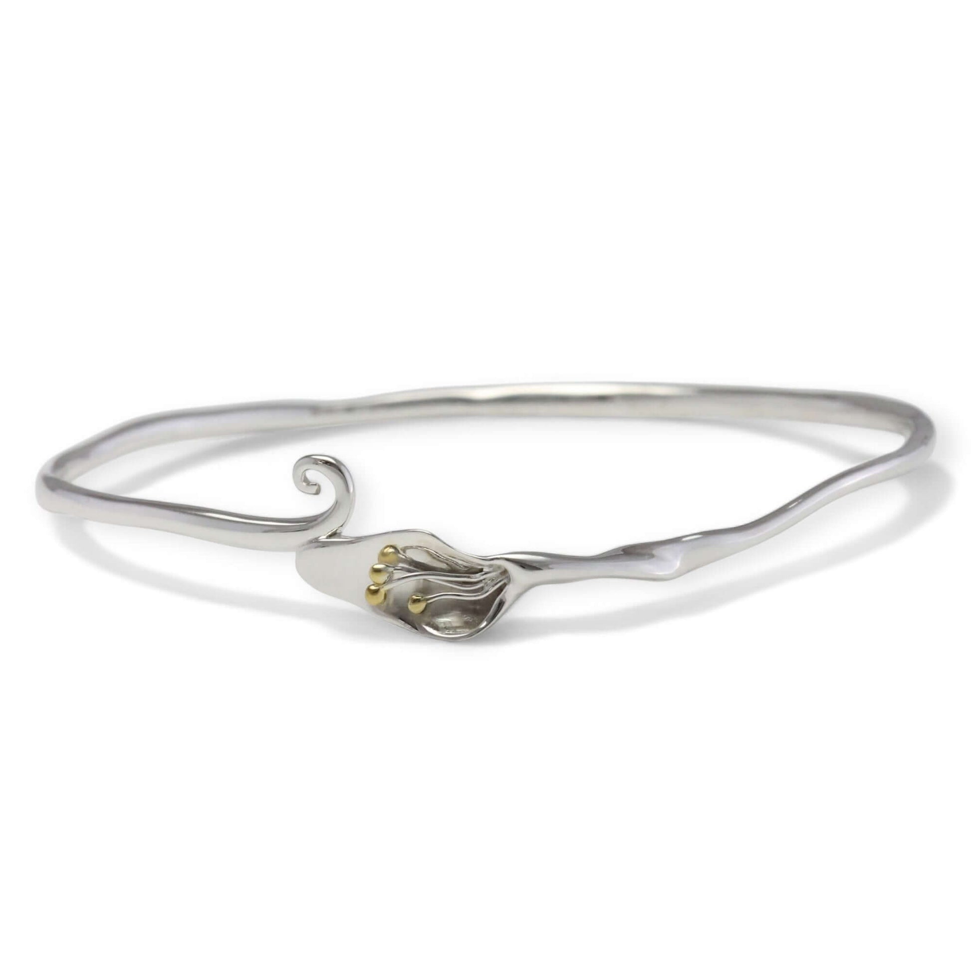 Front view of handcrafted Calla Lily floral bangle in sterling silver with gold detailing - Twelve Silver Trees