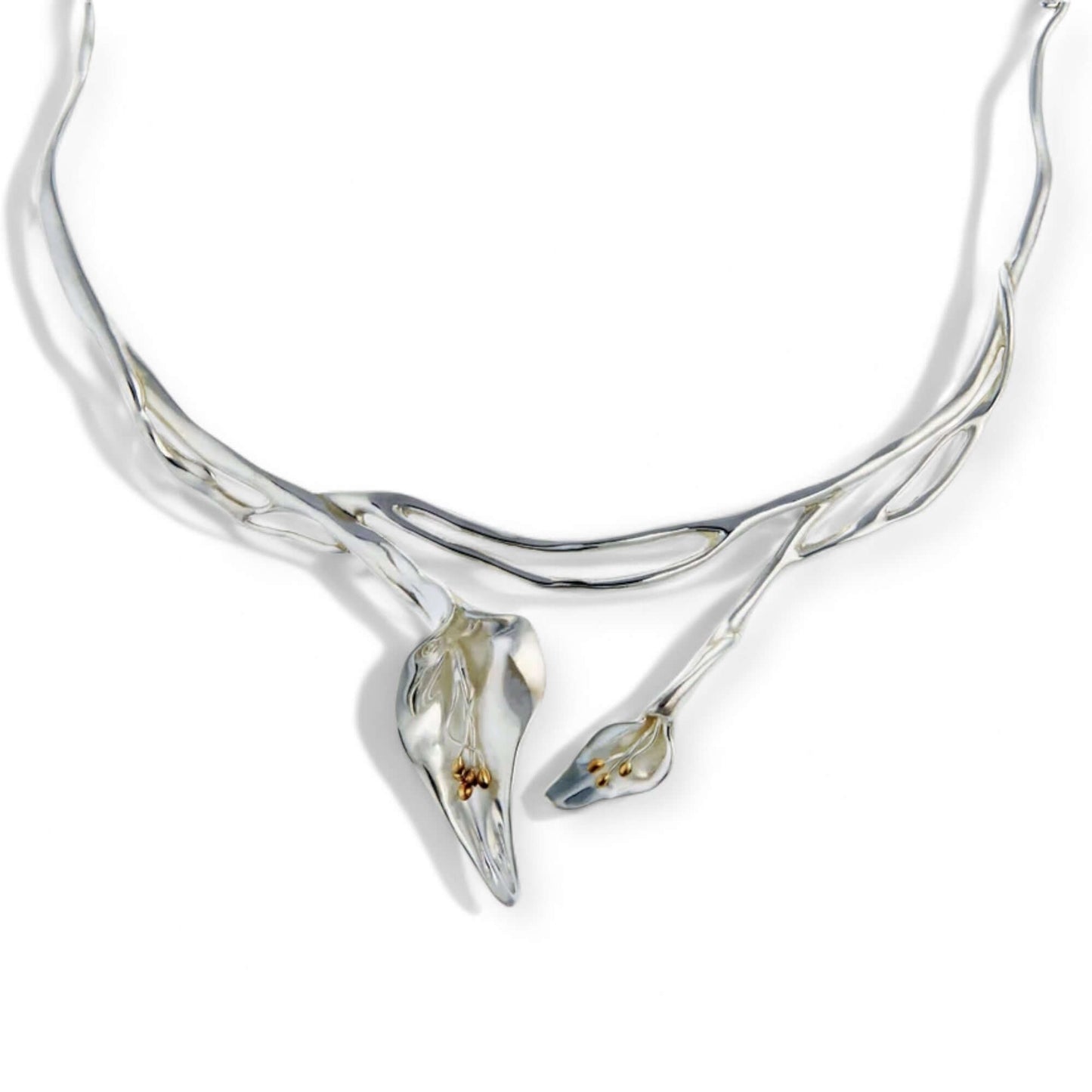 Calla Lily sculptural statement necklace in sterling silver with gold accents- Twelve Silver Trees