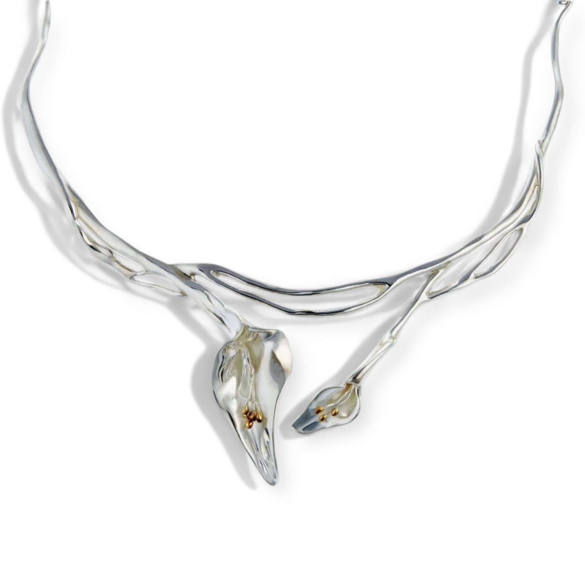 Calla Lily sculptural statement necklace in sterling silver with gold accents- Twelve Silver Trees