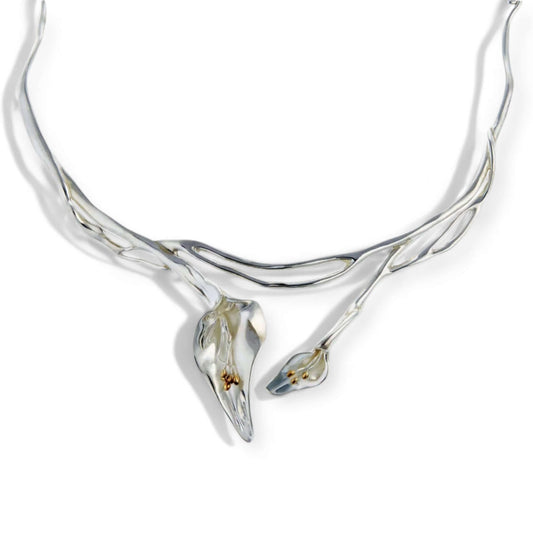 Calla Lily sculptural statement necklace in sterling silver with gold accents- Twelve Silver Trees