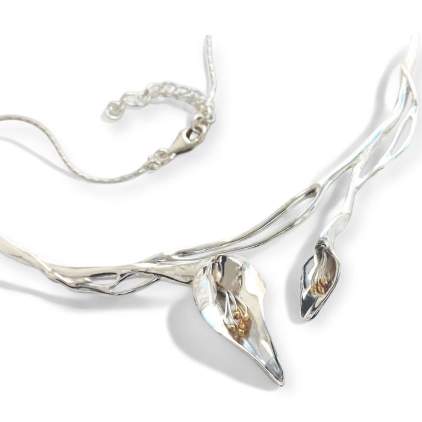 Botanical Calla Lily sculptural statement necklace handcrafted in sterling silver with gold detail - Twelve Silver Trees