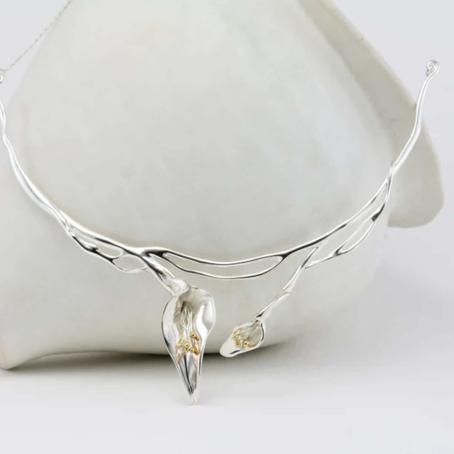 Art Nouveau inspired Calla Lily statement necklace in sterling silver and gold - Twelve Silver Trees