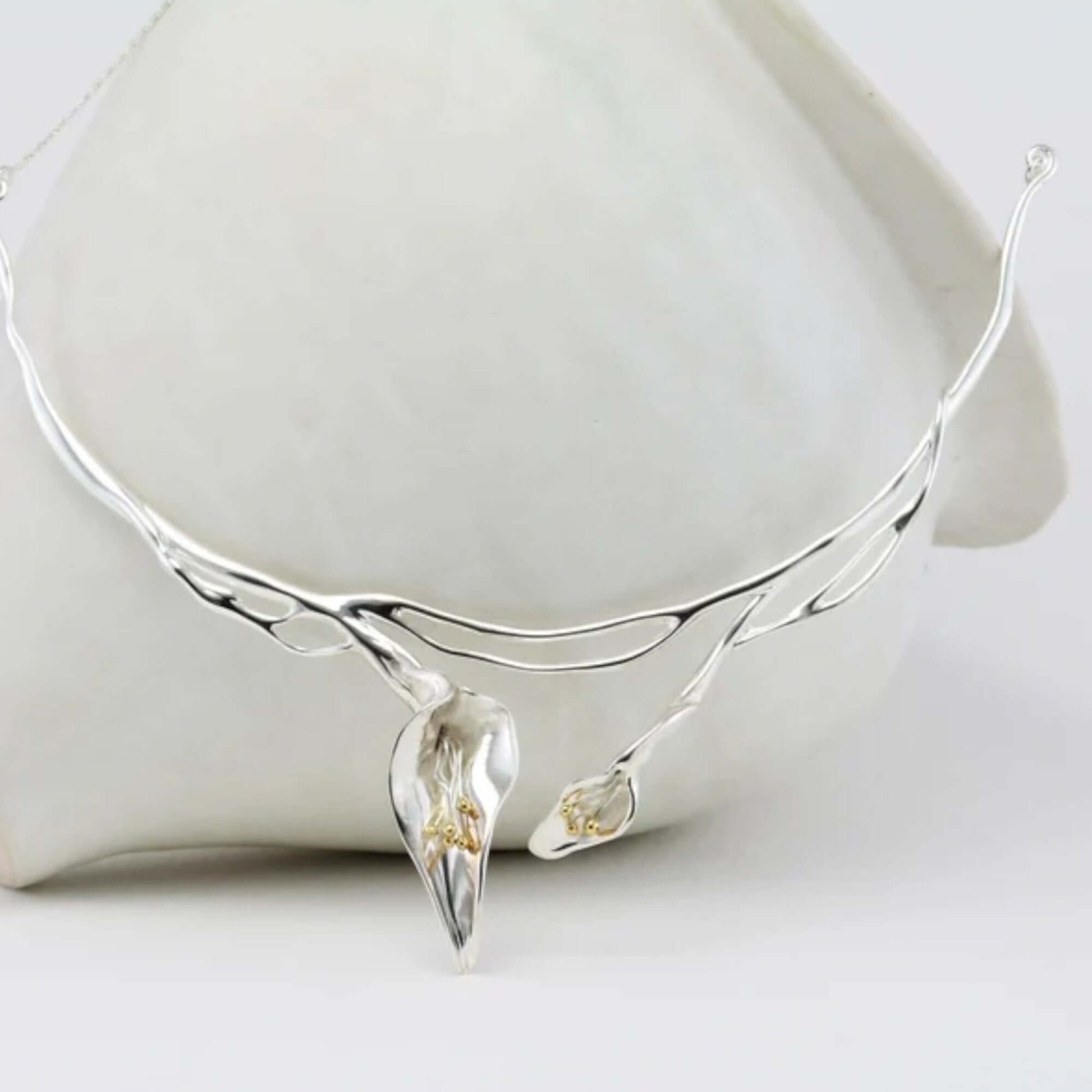 Art Nouveau inspired Calla Lily statement necklace in sterling silver and gold - Twelve Silver Trees