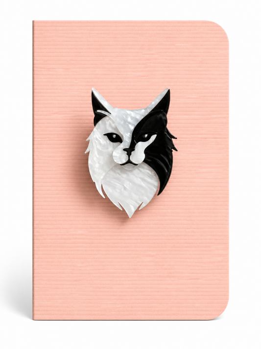 Elegant cat keepsake card featuring a black and white cat brooch mounted on a blush pink textured greeting card.