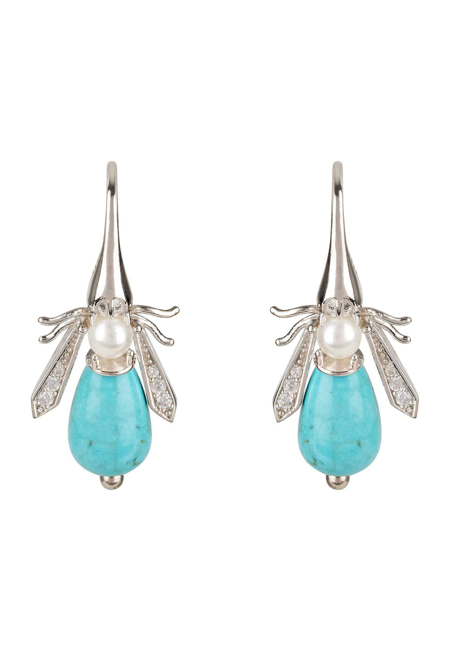 Turquoise And Freshwater Pearl Honey Bee Earrings Silver - Twelve Silver Trees