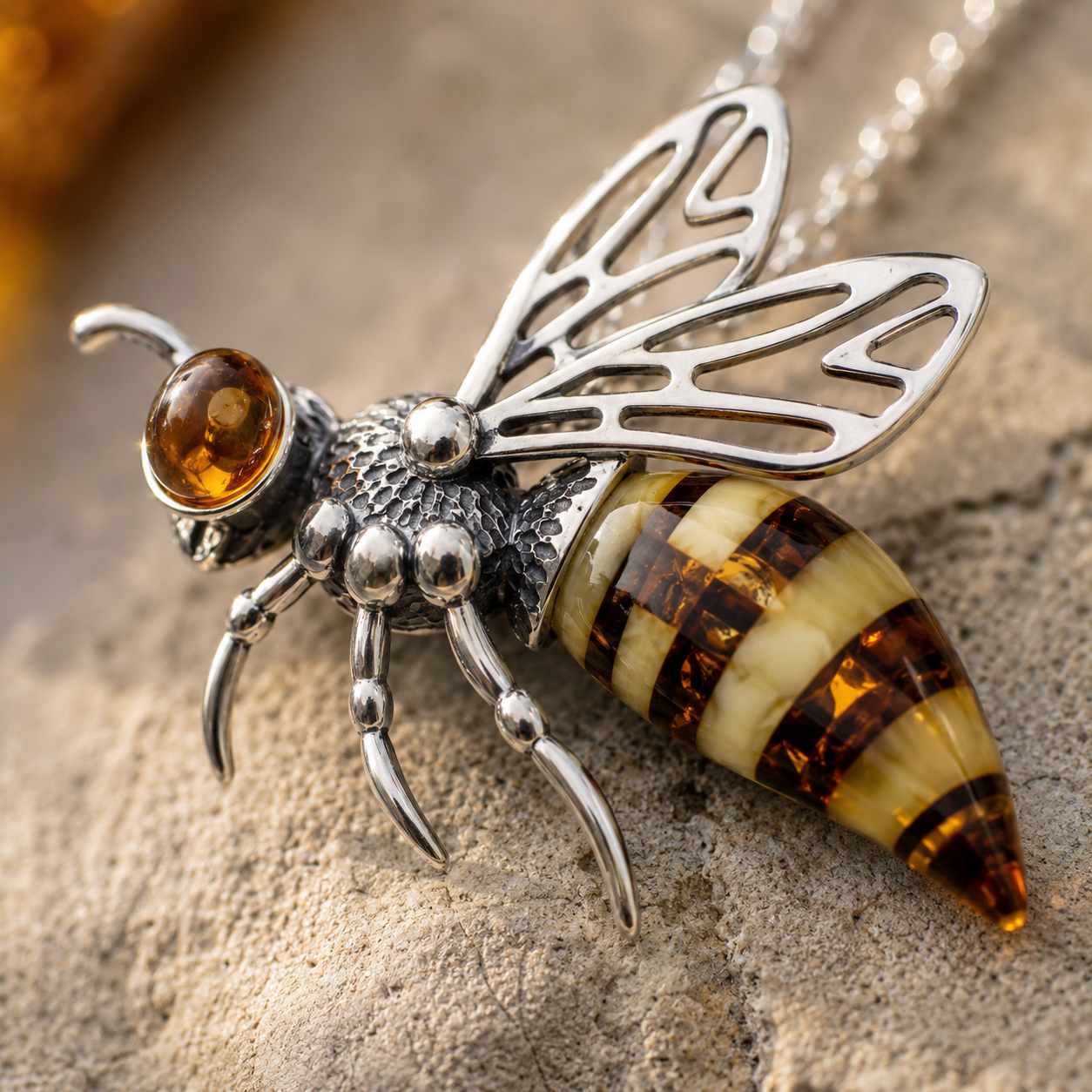 Macro close-up of a sterling silver Baltic amber bee pendant showing detailed wings and striped amber body