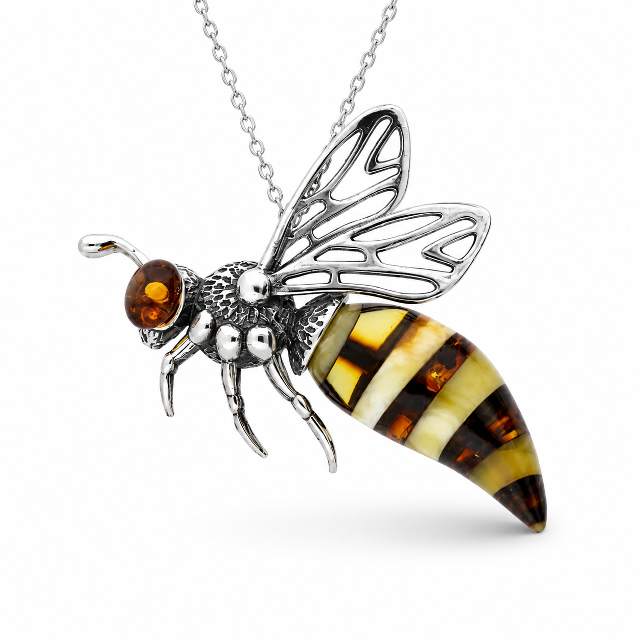 Classic Baltic amber bee pendant in sterling silver with striped amber body on a white background