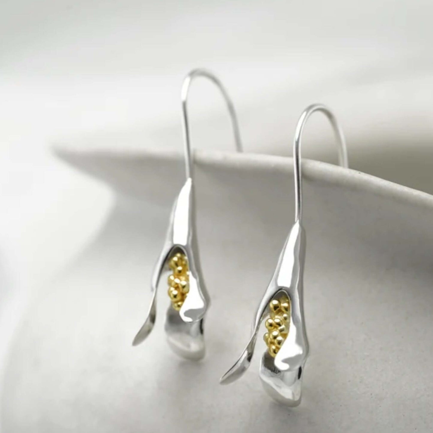 Contemporary Snowdrop Flower Earrings in Sterling Silver & Gold - Twelve Silver Trees