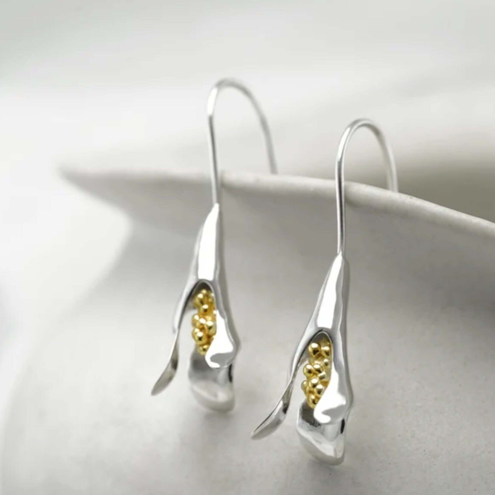 Contemporary Snowdrop Flower Earrings in Sterling Silver & Gold - Twelve Silver Trees