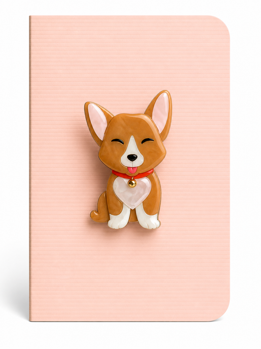 Cute corgi keepsake card featuring a smiling dog brooch mounted on a blush pink textured greeting card.