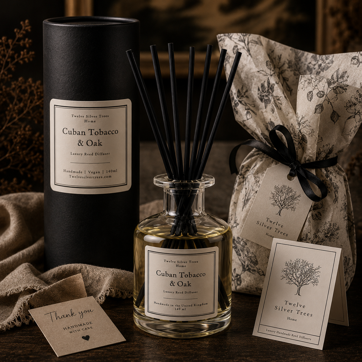 Handmade Cuban Tobacco & Oak Luxury Reed Diffuser - Twelve Silver Trees