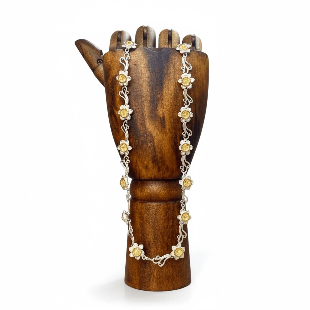Daffodil Flower Link Necklace in Sterling Silver & Gold - Twelve Silver Trees