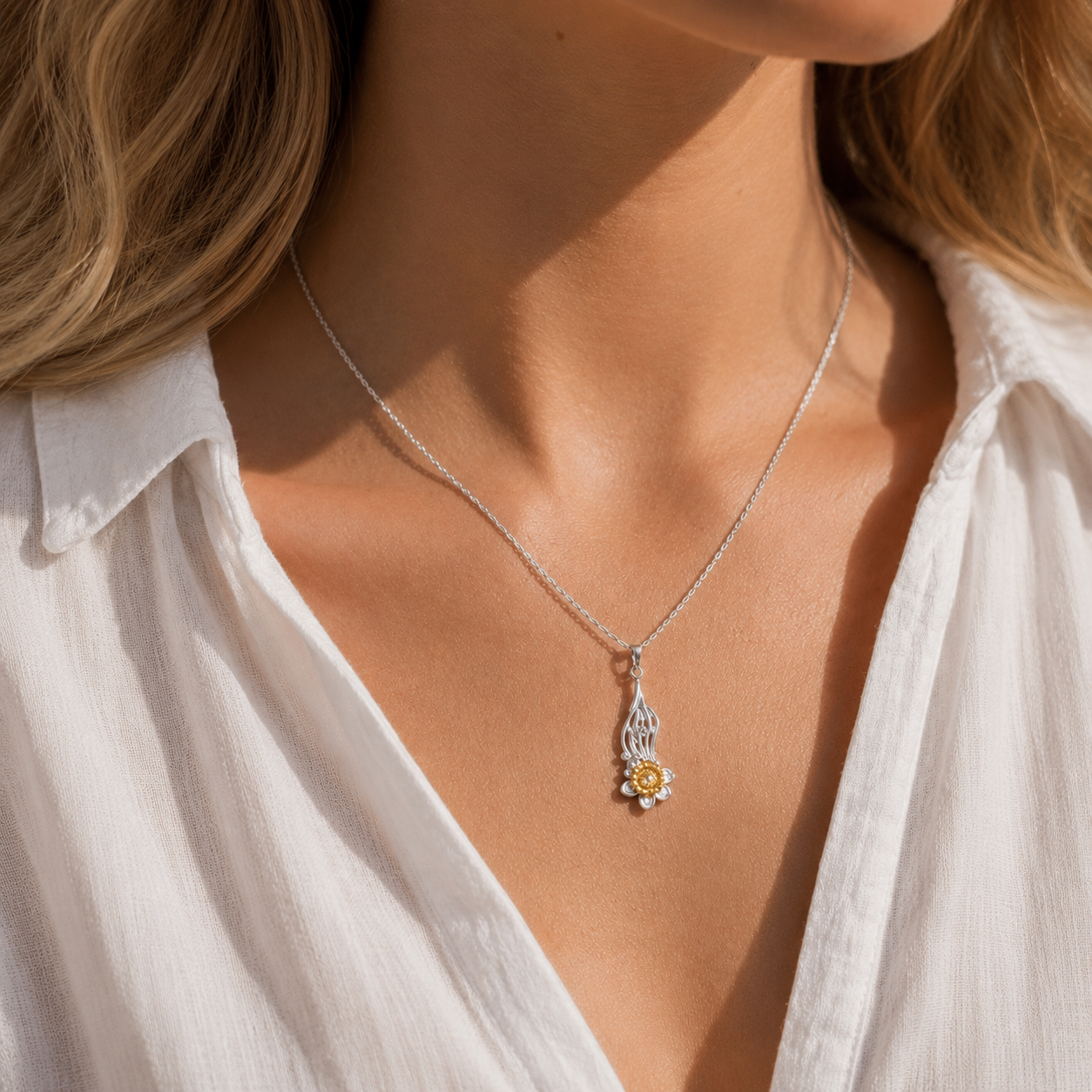Sterling Silver Daffodil Flower Pendant Necklace with 18ct Gold - Twelve Silver Trees