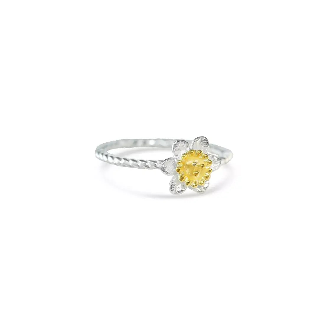 Daffodil Flower Solitaire Ring in Sterling Silver & Gold - Twelve Silver Trees