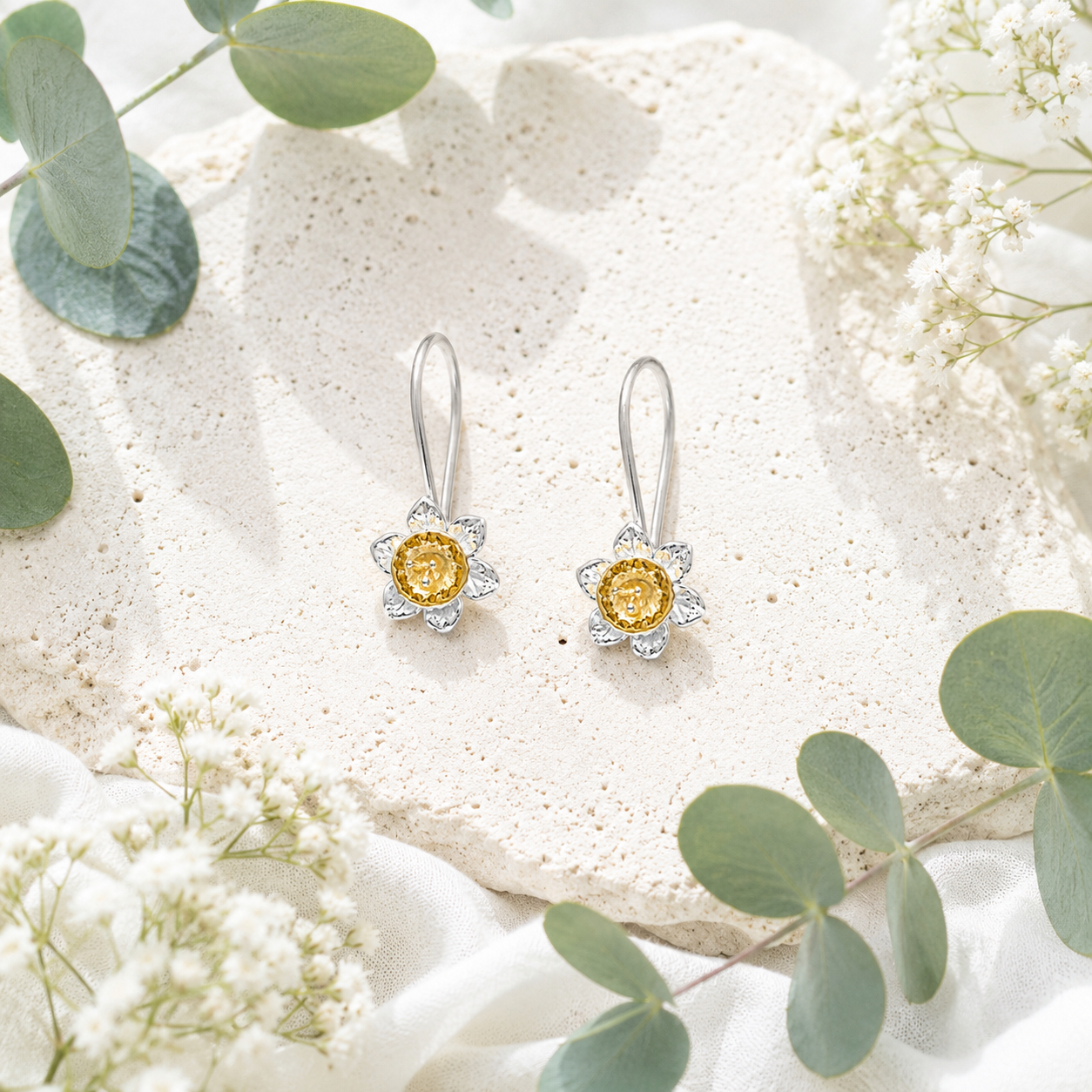 Daffodil Hook Earrings In Sterling Silver With 18 Carat Gold - Twelve Silver Trees