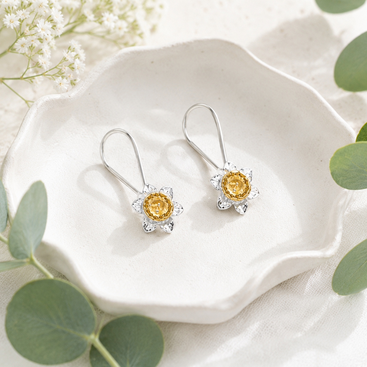 Daffodil Hook Earrings In Sterling Silver With 18 Carat Gold - Twelve Silver Trees