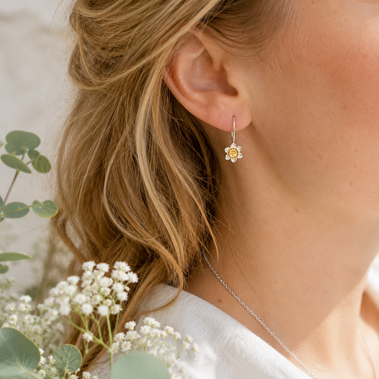 Daffodil Hook Earrings In Sterling Silver With 18 Carat Gold - Twelve Silver Trees